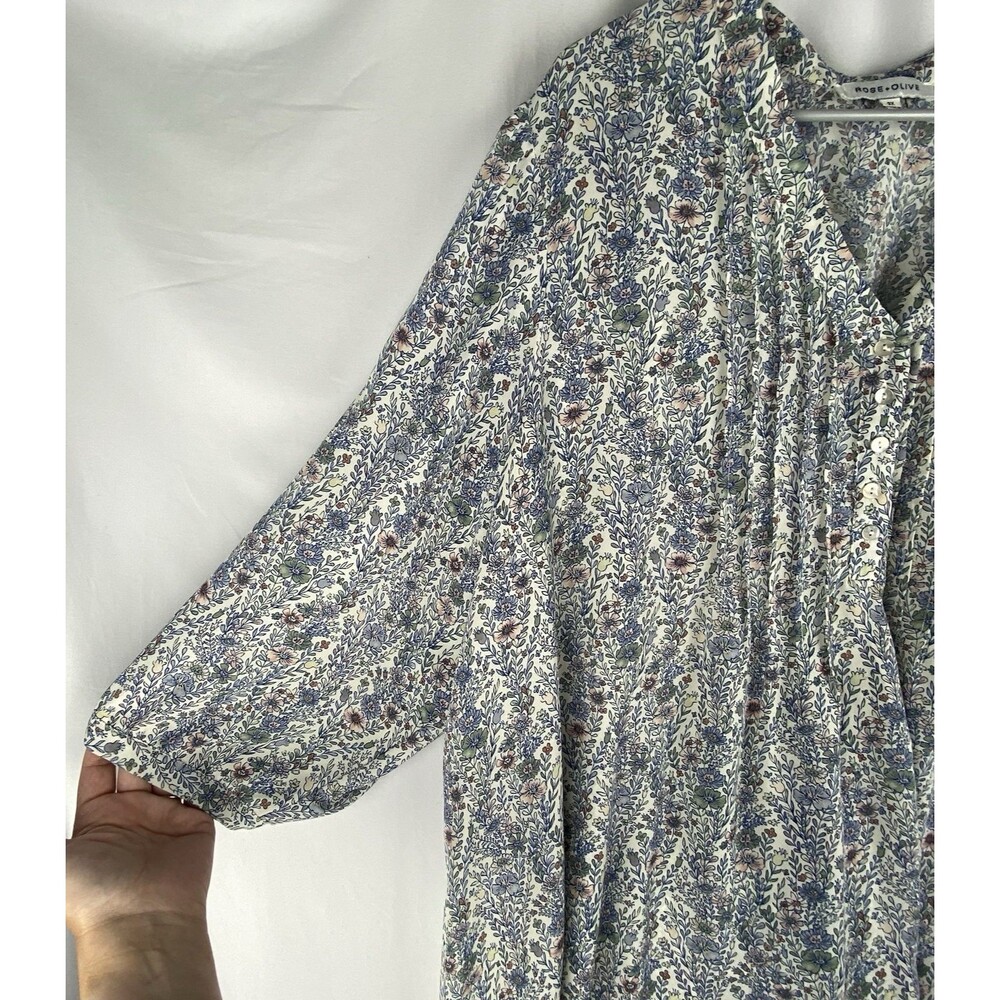 Rose + Olive Top Blouse 3X Blue Pink Ditsy Floral 3/4 Sleeve Flowy Peasant Boho - Picture 5 of 11